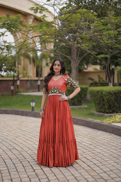 Rust Kutchi Gamthi Thread Embroidered & Mirror Work Rayon Anarkali Gown with Moti Kodi Lace