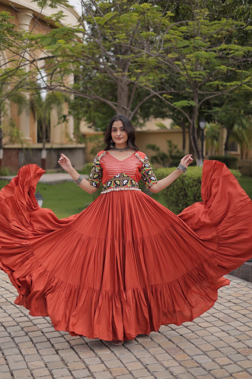 Rust Kutchi Gamthi Thread Embroidered & Mirror Work Rayon Anarkali Gown with Moti Kodi Lace