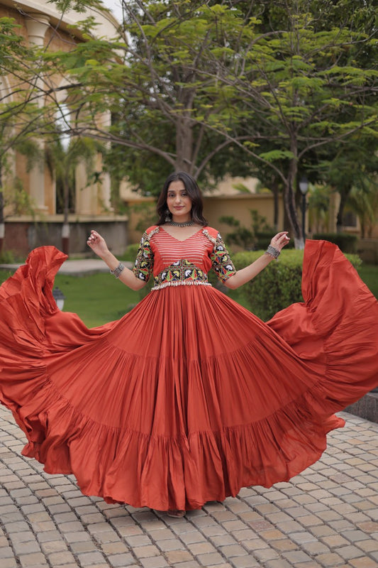 Rust Kutchi Gamthi Thread Embroidered & Mirror Work Rayon Anarkali Gown with Moti Kodi Lace