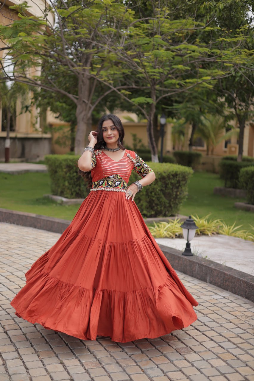 Rust Kutchi Gamthi Thread Embroidered & Mirror Work Rayon Anarkali Gown with Moti Kodi Lace