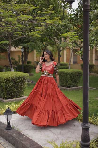 Rust Kutchi Gamthi Thread Embroidered & Mirror Work Rayon Anarkali Gown with Moti Kodi Lace