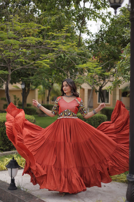 Rust Kutchi Gamthi Thread Embroidered & Mirror Work Rayon Anarkali Gown with Moti Kodi Lace