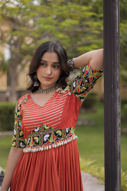 Rust Kutchi Gamthi Thread Embroidered & Mirror Work Rayon Anarkali Gown with Moti Kodi Lace