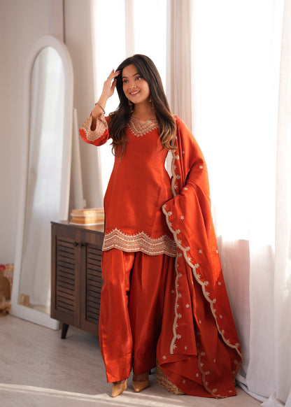 Rust Orange Glass Roman Silk Farshi Shalwar Suit with Embroidered Dupatta