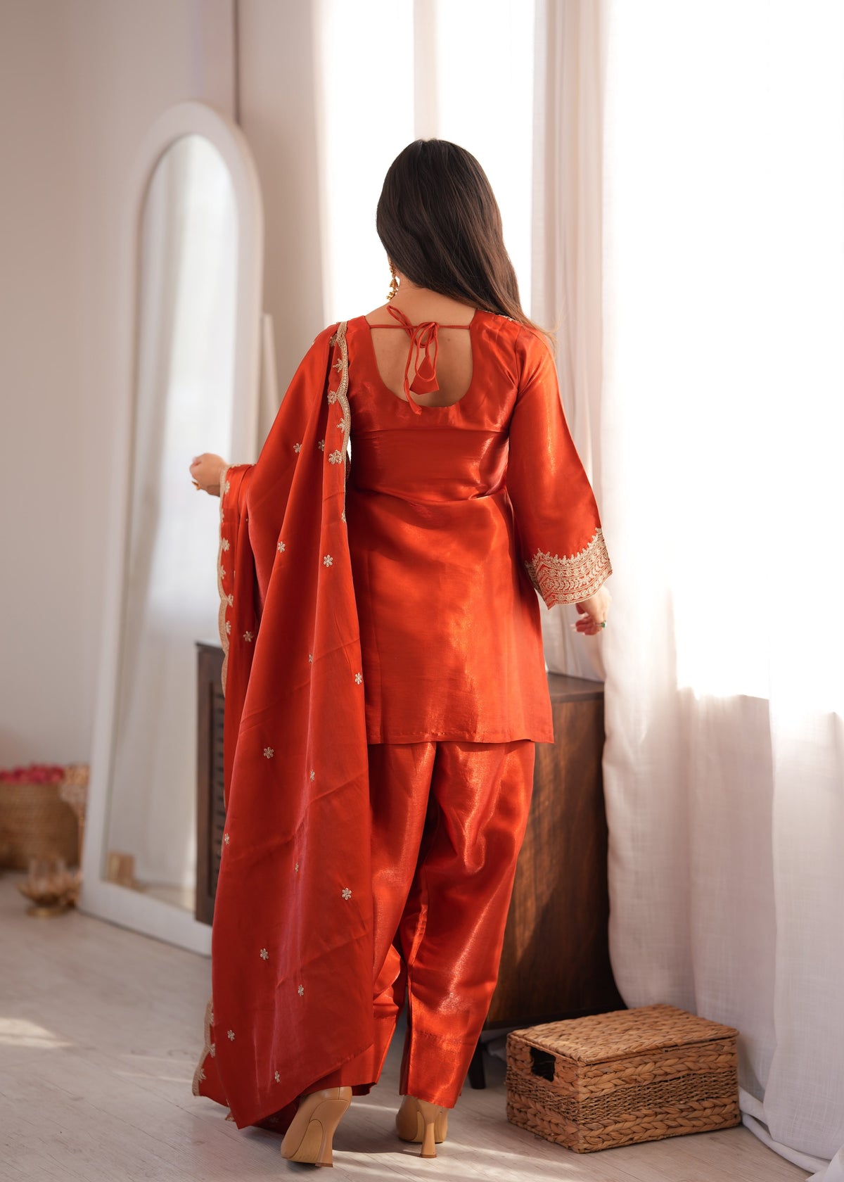Rust Orange Glass Roman Silk Farshi Shalwar Suit with Embroidered Dupatta
