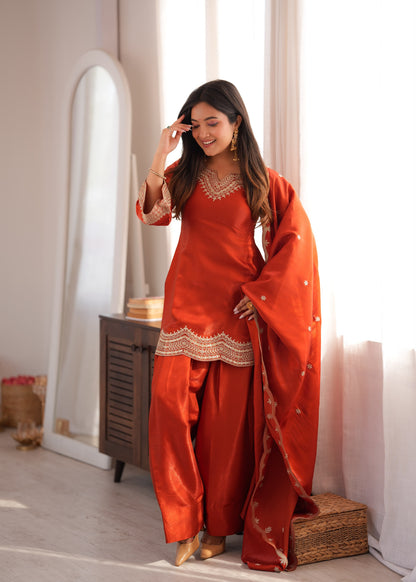 Rust Orange Glass Roman Silk Farshi Shalwar Suit with Embroidered Dupatta
