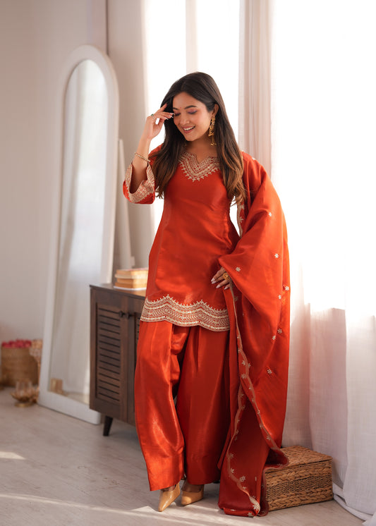 Rust Orange Glass Roman Silk Farshi Shalwar Suit with Embroidered Dupatta