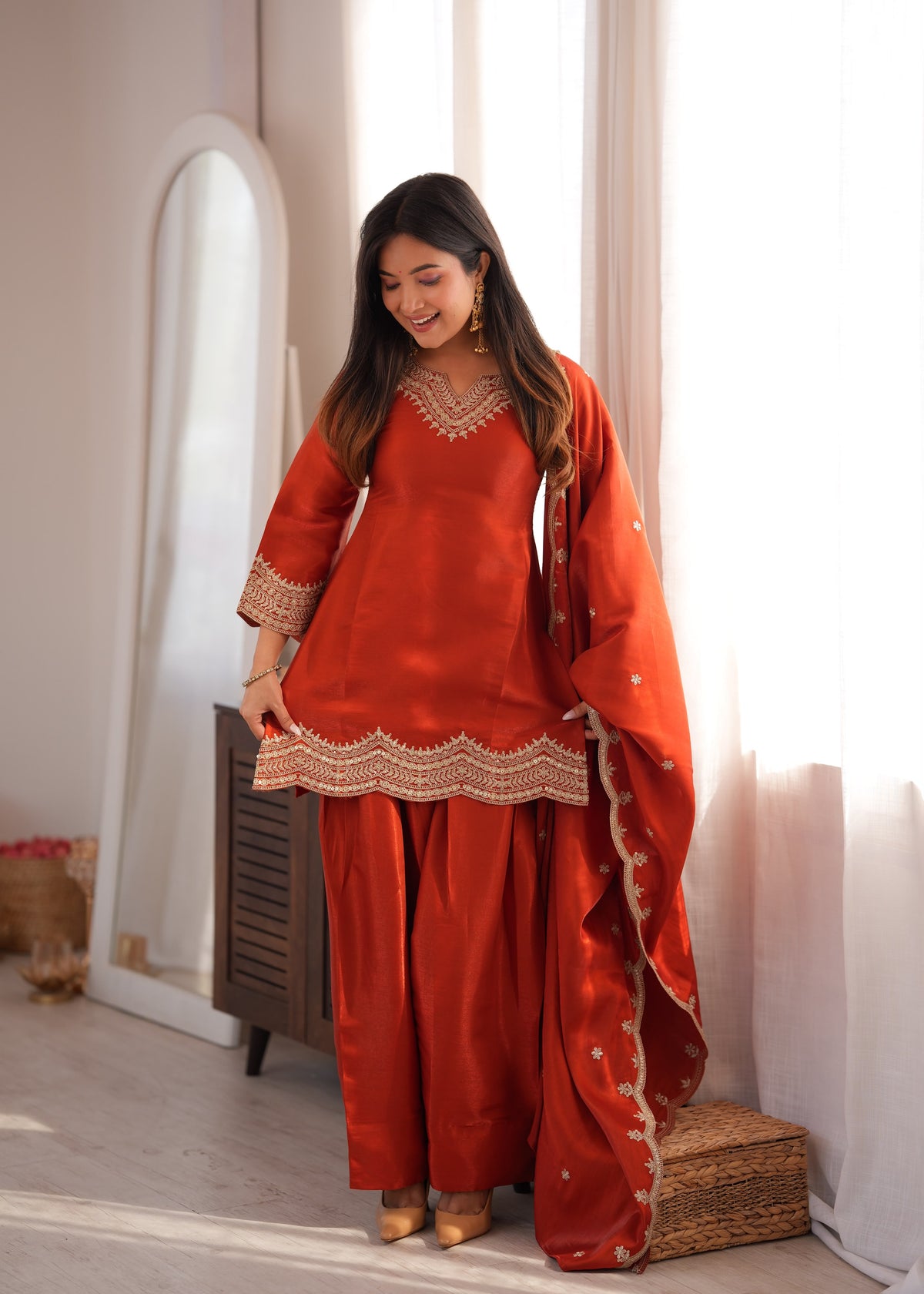 Rust Orange Glass Roman Silk Farshi Shalwar Suit with Embroidered Dupatta