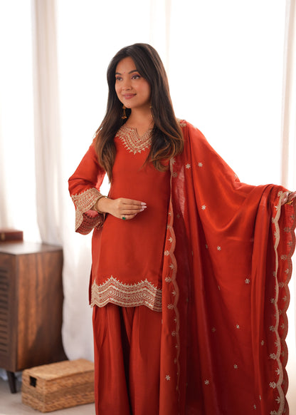 Rust Orange Glass Roman Silk Farshi Shalwar Suit with Embroidered Dupatta