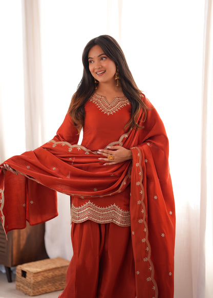 Rust Orange Glass Roman Silk Farshi Shalwar Suit with Embroidered Dupatta
