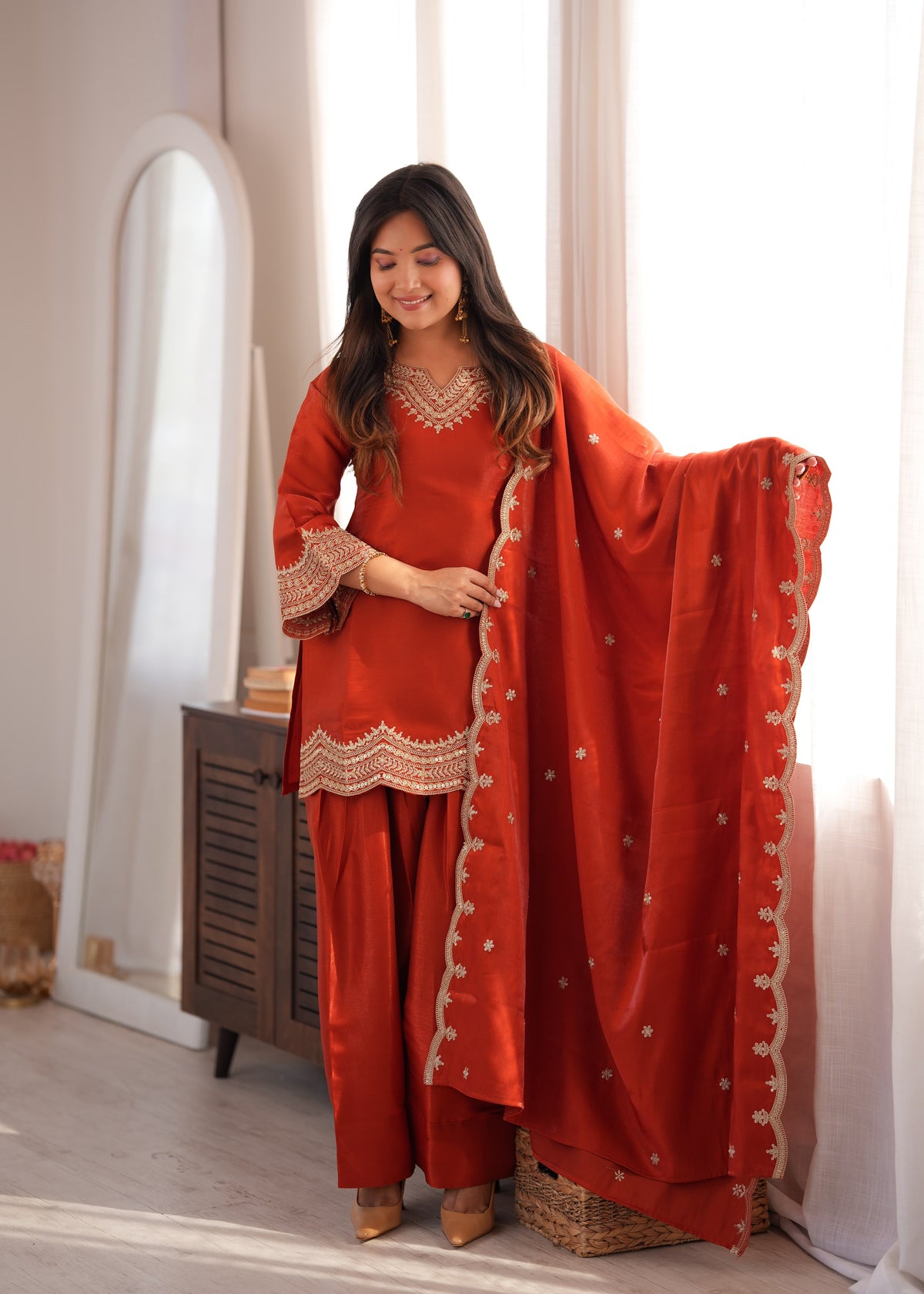 Rust Orange Glass Roman Silk Farshi Shalwar Suit with Embroidered Dupatta