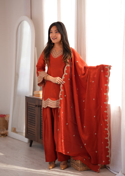 Rust Orange Glass Roman Silk Farshi Shalwar Suit with Embroidered Dupatta