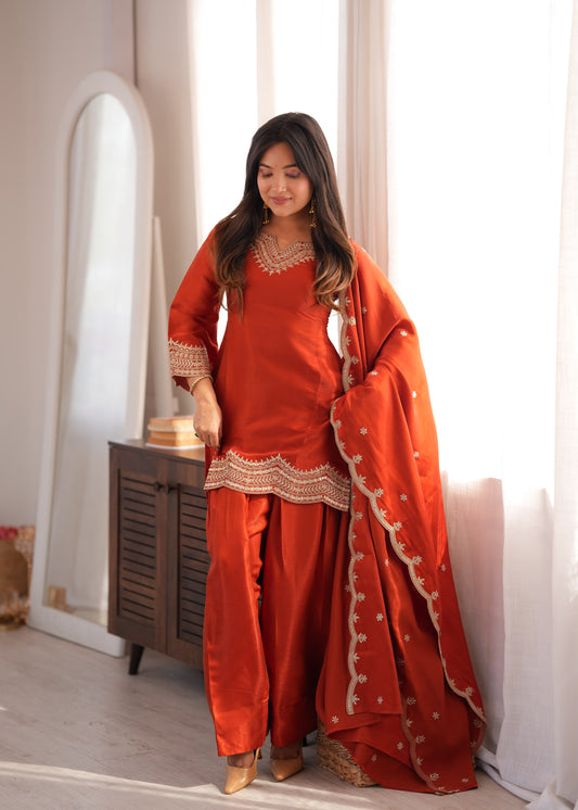 Rust Orange Glass Roman Silk Farshi Shalwar Suit with Embroidered Dupatta