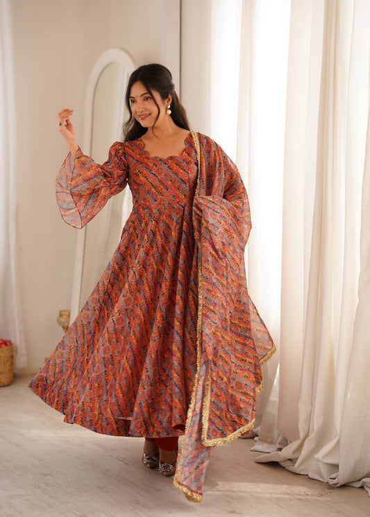 Elegant Printed Organza Anarkali Dress with Matching Dupatta