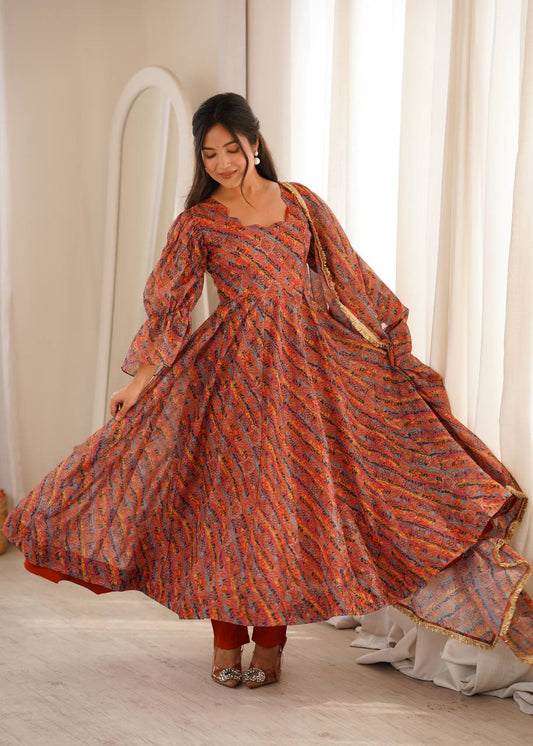 Elegant Printed Organza Anarkali Dress with Matching Dupatta