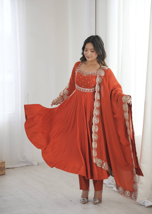 Rust Orange Roman Silk Embroidered Anarkali Gown Set with Dupatta