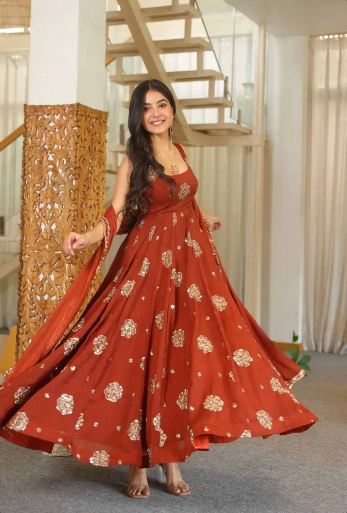 Rust Orange Anarkali Gown with Golden Embroidery & Matching Dupatta