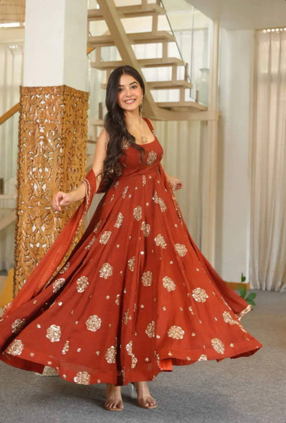Rust Orange Anarkali Gown with Golden Embroidery & Matching Dupatta