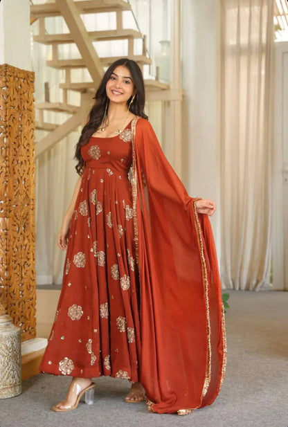 Rust Orange Anarkali Gown with Golden Embroidery & Matching Dupatta