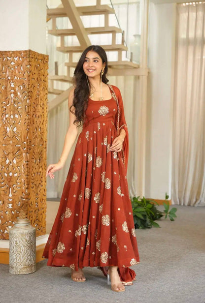 Rust Orange Anarkali Gown with Golden Embroidery & Matching Dupatta