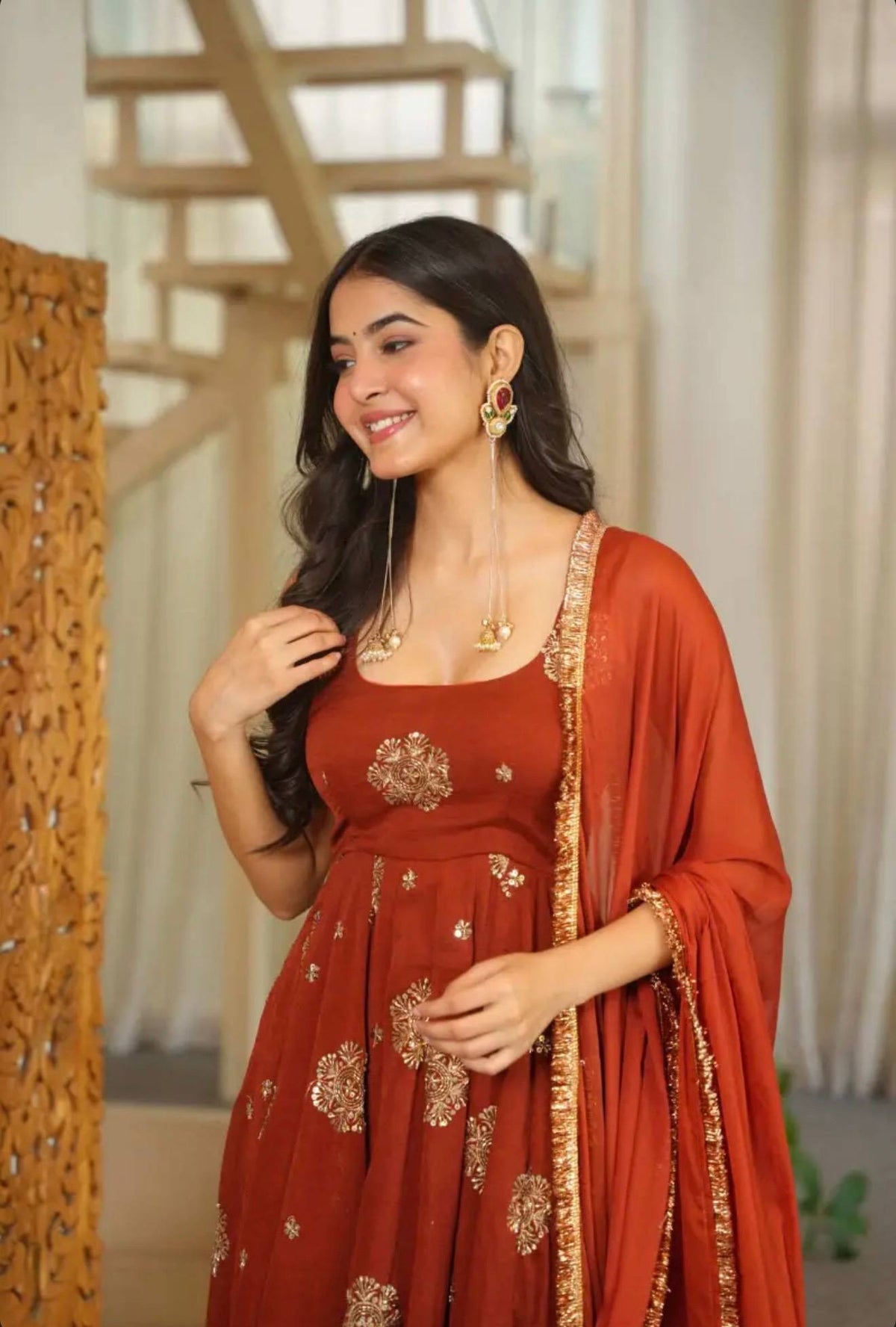 Rust Orange Anarkali Gown with Golden Embroidery & Matching Dupatta