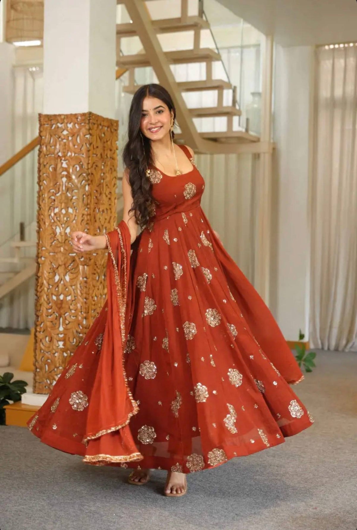 Rust Orange Anarkali Gown with Golden Embroidery & Matching Dupatta