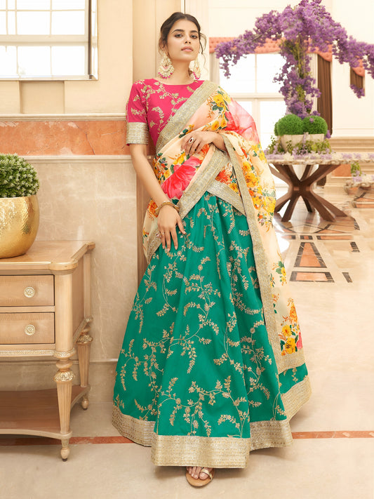 Sabyasachi Inspired Green Lehenga Choli with Floral Organza Dupatta for Wedding Wear