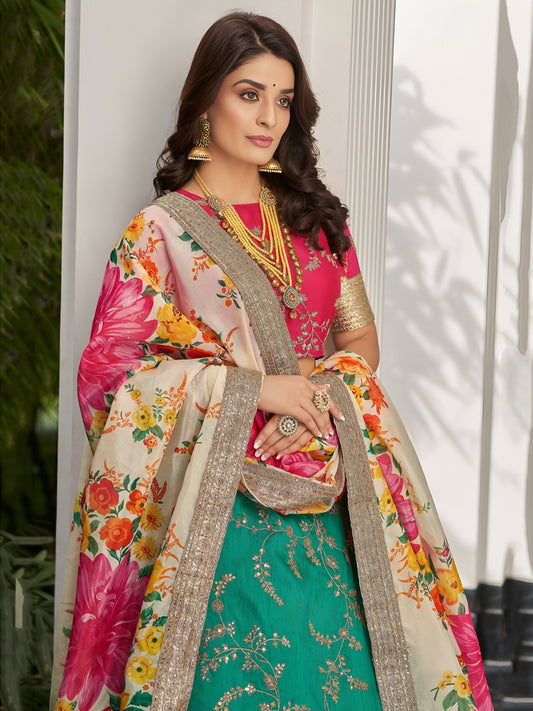 Sabyasachi Inspired Green Lehenga Choli with Floral Organza Dupatta for Wedding Wear