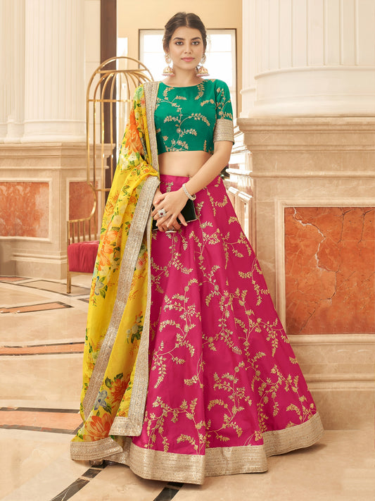 Sabyasachi Inspired Pink Silk Lehenga Choli with Green Blouse & Floral Dupatta for Wedding Wear