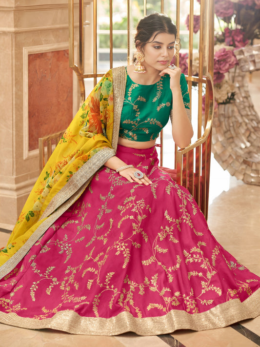 Sabyasachi Inspired Pink Silk Lehenga Choli with Green Blouse & Floral Dupatta for Wedding Wear