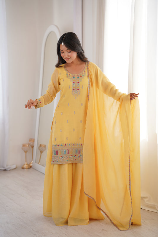 Yellow Crunchy Silk Sharara Suit with Multicolor Embroidery & Lace Dupatta