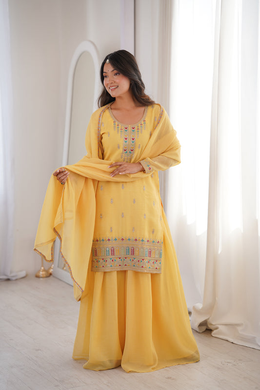 Yellow Crunchy Silk Sharara Suit with Multicolor Embroidery & Lace Dupatta