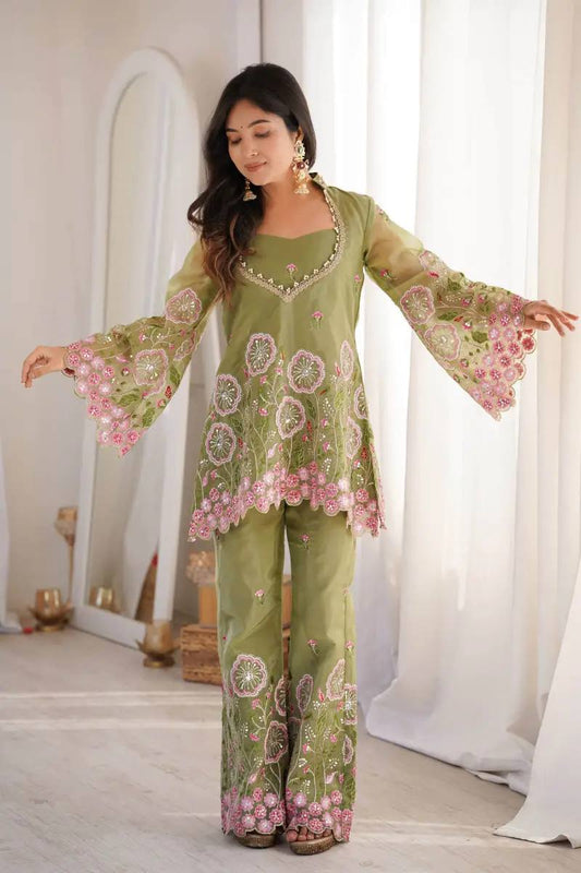 Sage Green Floral Embroidered Co-Ord Set