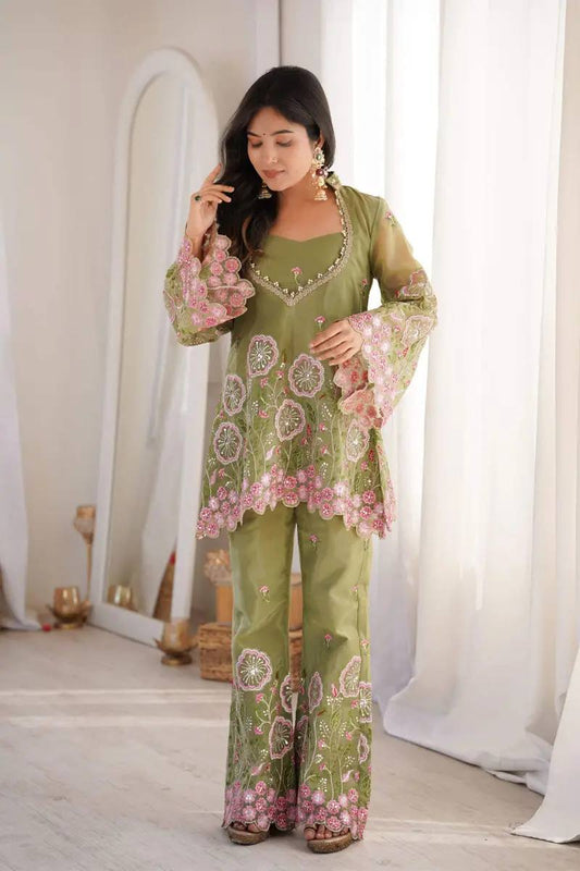 Sage Green Floral Embroidered Co-Ord Set