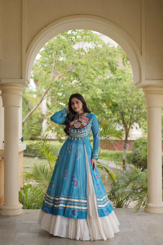 Sky Blue Bandhani Print Kurti with Kutchi Patchwork & 12 Meter Kora Cotton Frill Lehenga