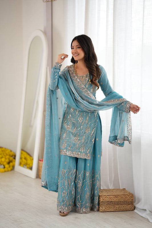 Sky Blue Fendy Silk Beads with Sequence Sharara Suit with Matching Dupatta