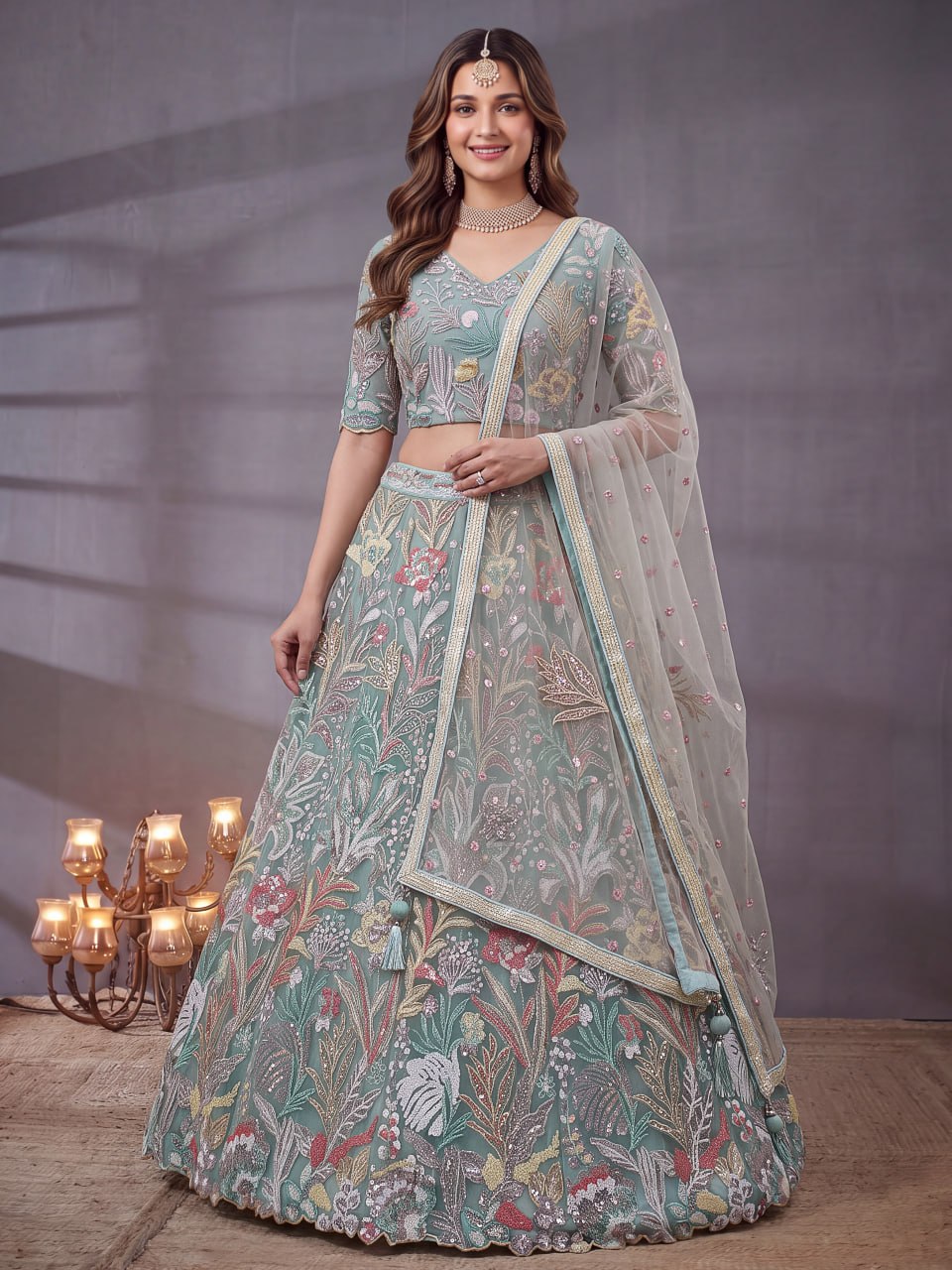 Sky Blue Garden Floral Embroidered Lehenga Choli