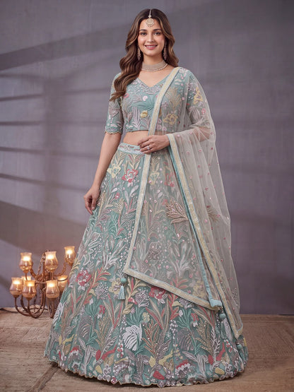 Sky Blue Garden Floral Embroidered Lehenga Choli