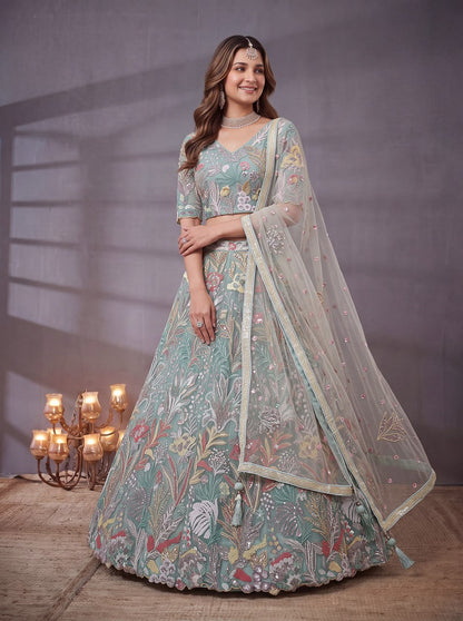 Sky Blue Garden Floral Embroidered Lehenga Choli