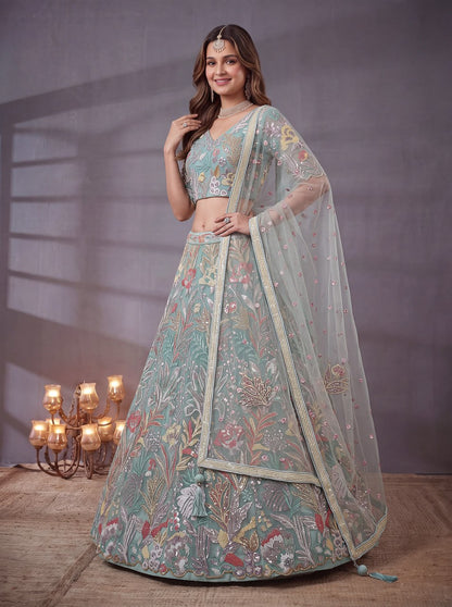 Sky Blue Garden Floral Embroidered Lehenga Choli