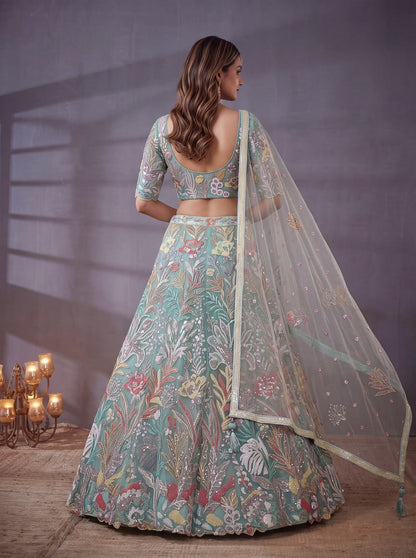 Sky Blue Garden Floral Embroidered Lehenga Choli