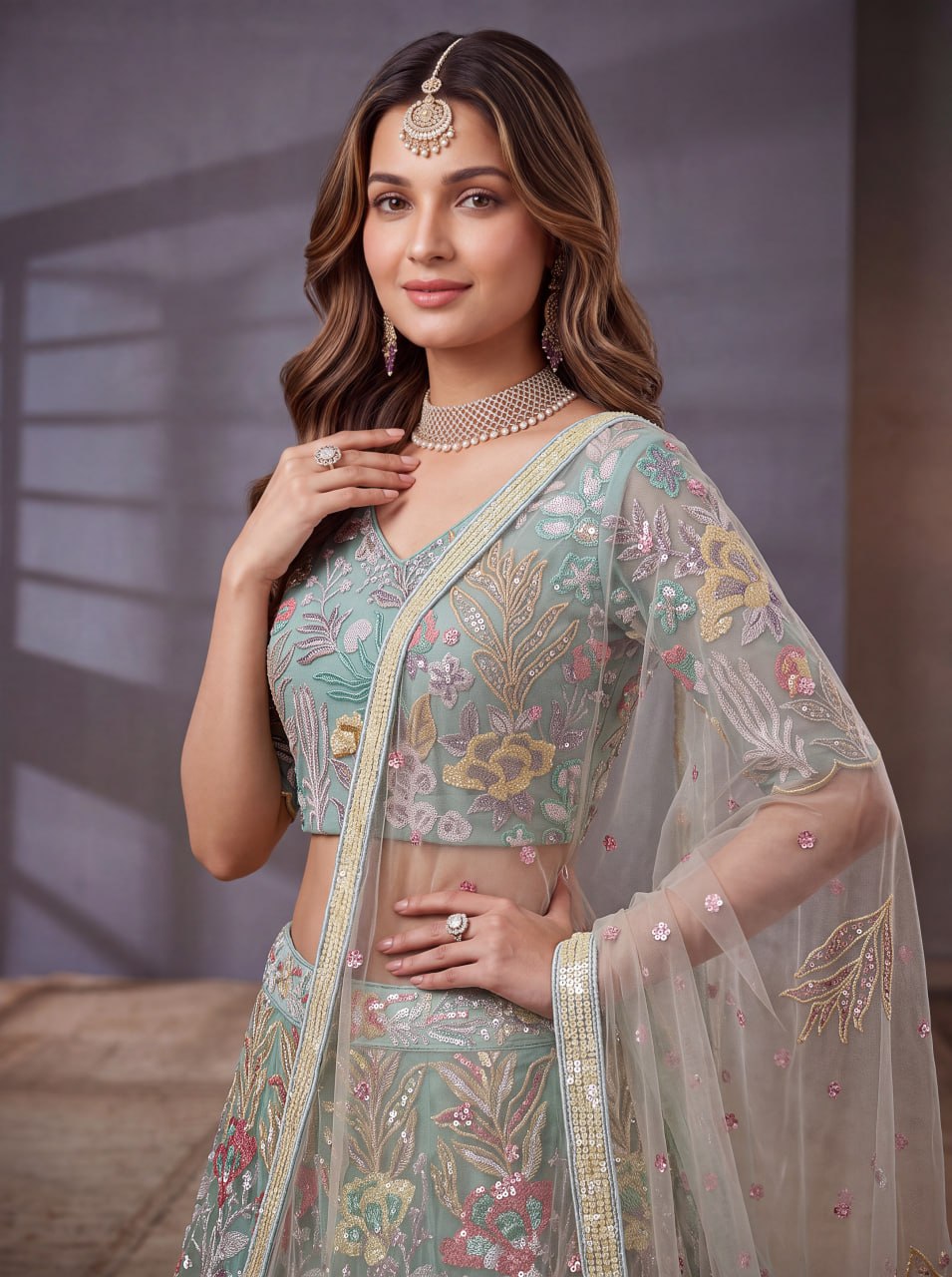 Sky Blue Garden Floral Embroidered Lehenga Choli