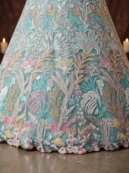 Sky Blue Garden Floral Embroidered Lehenga Choli