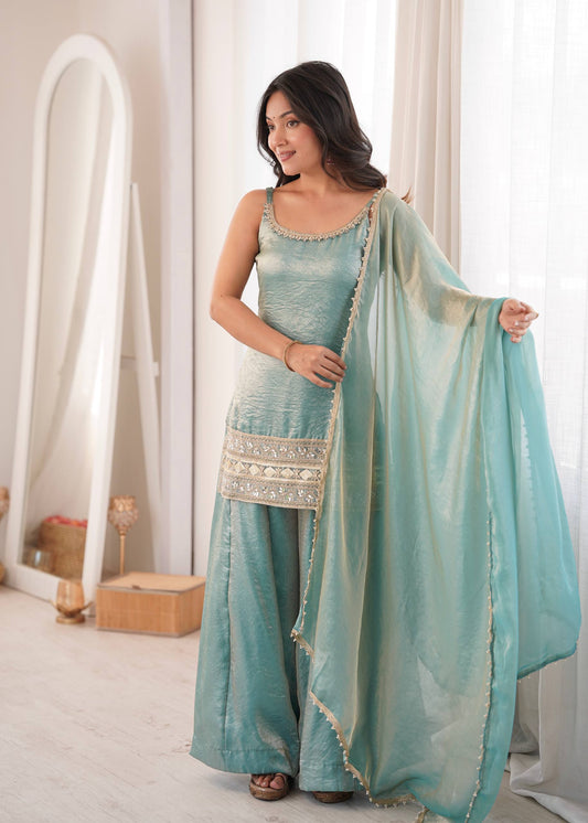 Sky Blue Crush Sharara Suit with Mirror Work & Lace Border Dupatta