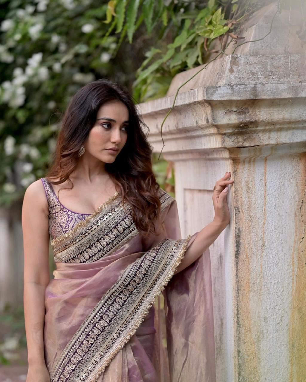 Surbhi Chandna inspired Soft Net Sequin & Dori Embroidered Saree with Jacquard Silk Blouse