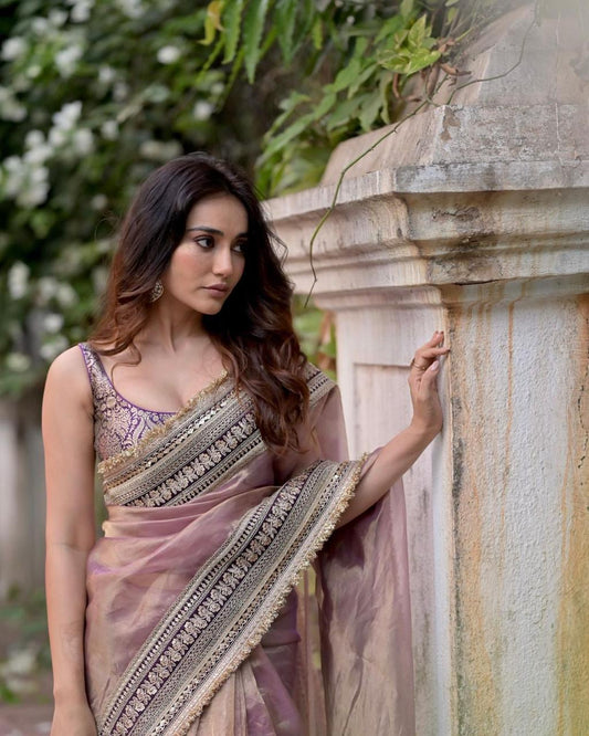 Surbhi Chandna inspired Soft Net Sequin & Dori Embroidered Saree with Jacquard Silk Blouse