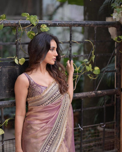 Surbhi Chandna inspired Soft Net Sequin & Dori Embroidered Saree with Jacquard Silk Blouse