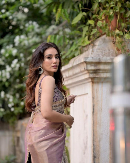 Surbhi Chandna inspired Soft Net Sequin & Dori Embroidered Saree with Jacquard Silk Blouse