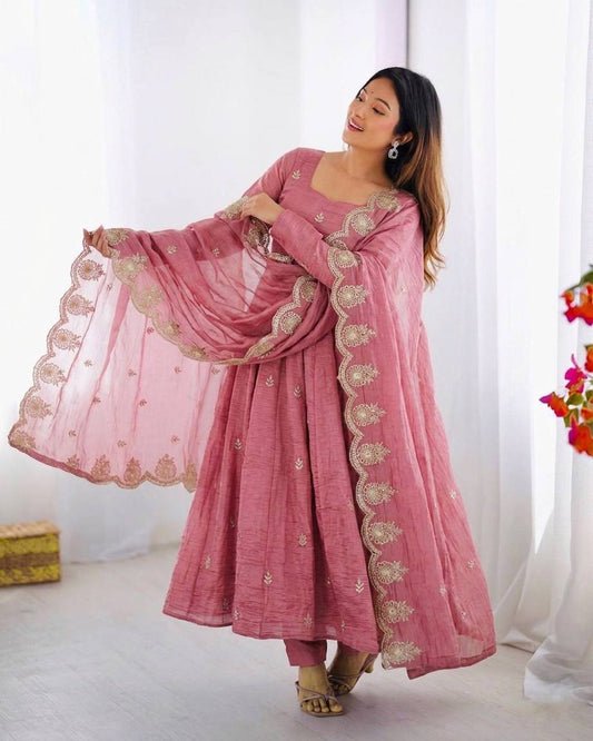 Dusty Rose Gold Crush Silk Anarkali Gown with Embroidered Dupatta