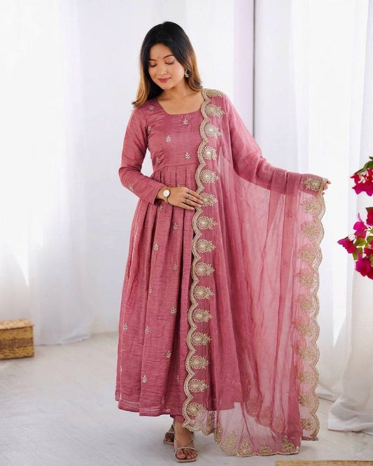 Dusty Rose Gold Crush Silk Anarkali Gown with Embroidered Dupatta